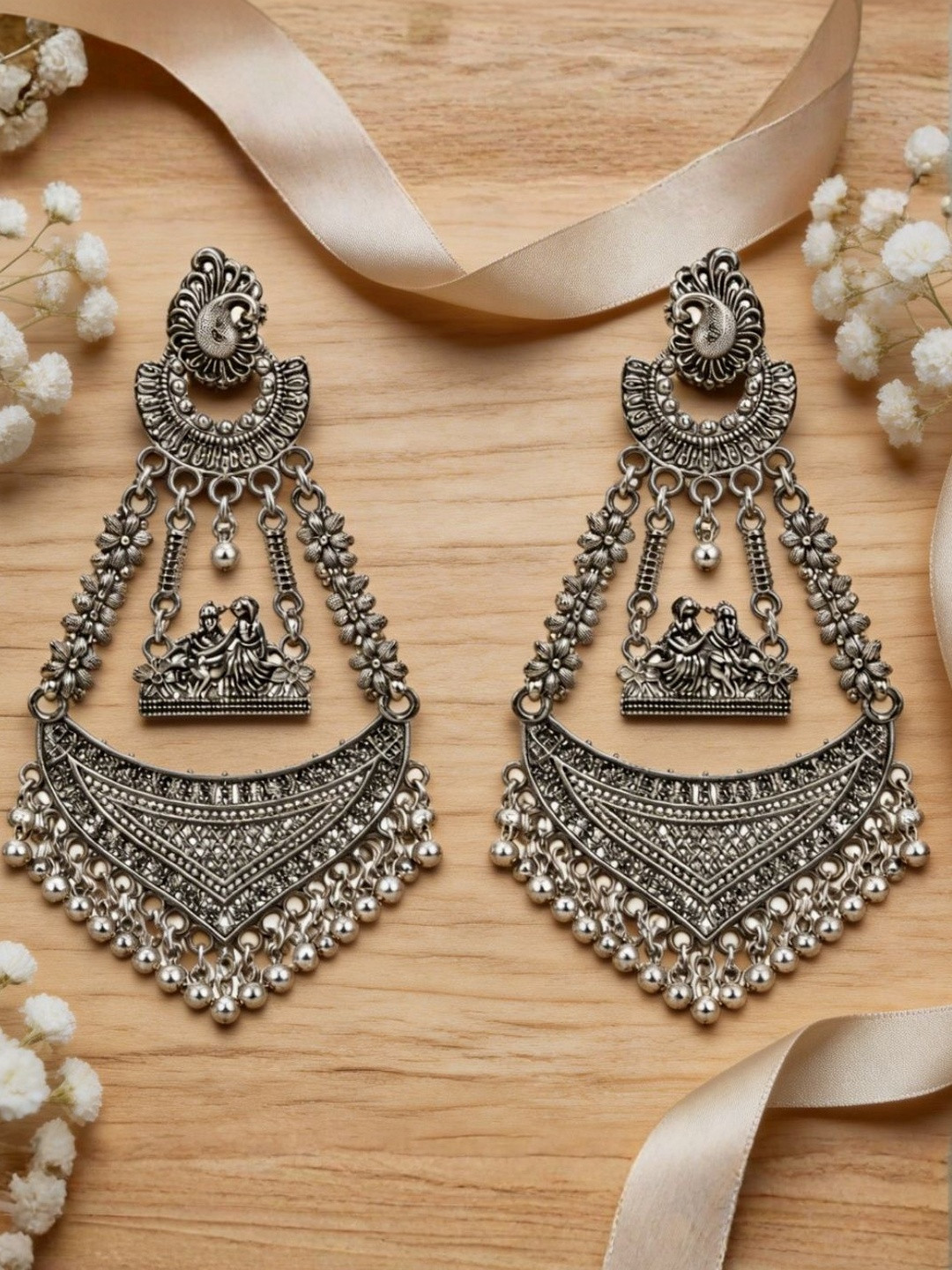 I Jewels Women Oxidized Radha Krishna Chandbali Earrings