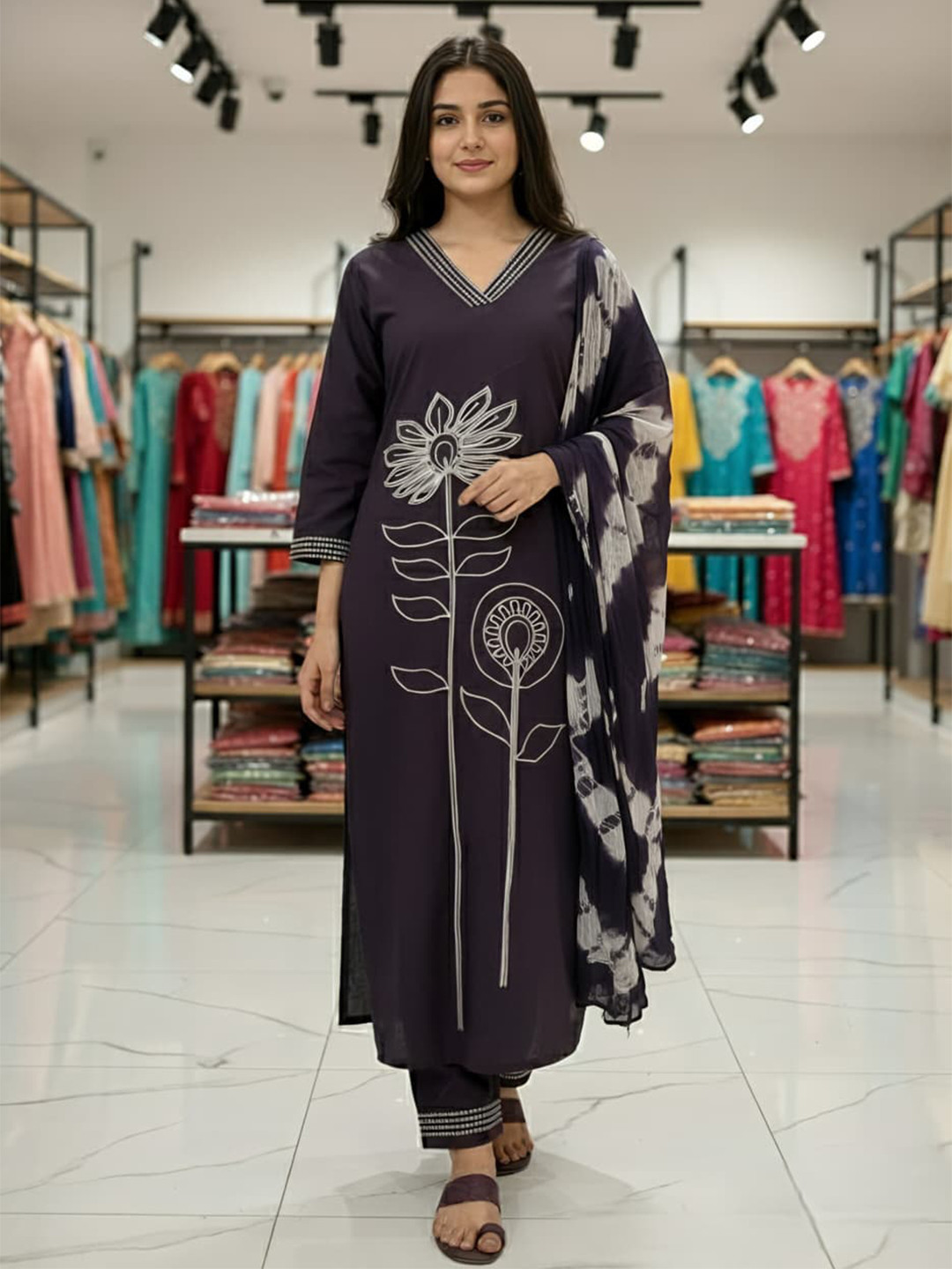 GHUMMAN SONAKSHI Women Floral Regular Thread Work Pure Cotton Kurta with Trousers