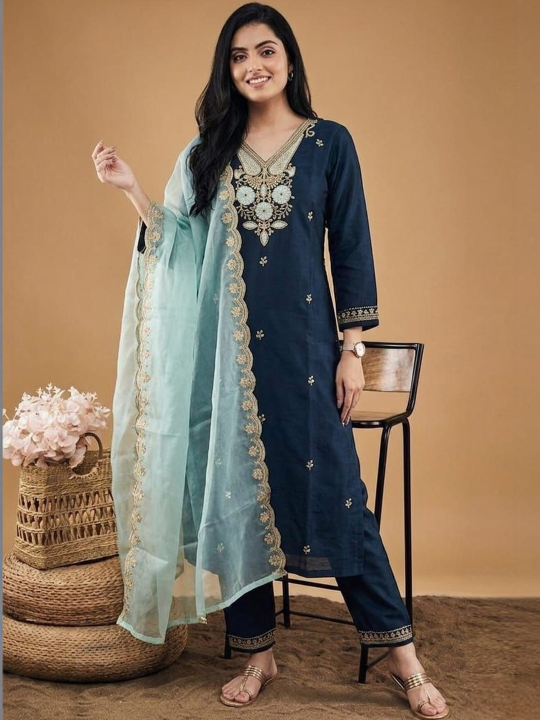House of Pataudi Embroidered Round Neck Kurta & Trousers With Dupatta