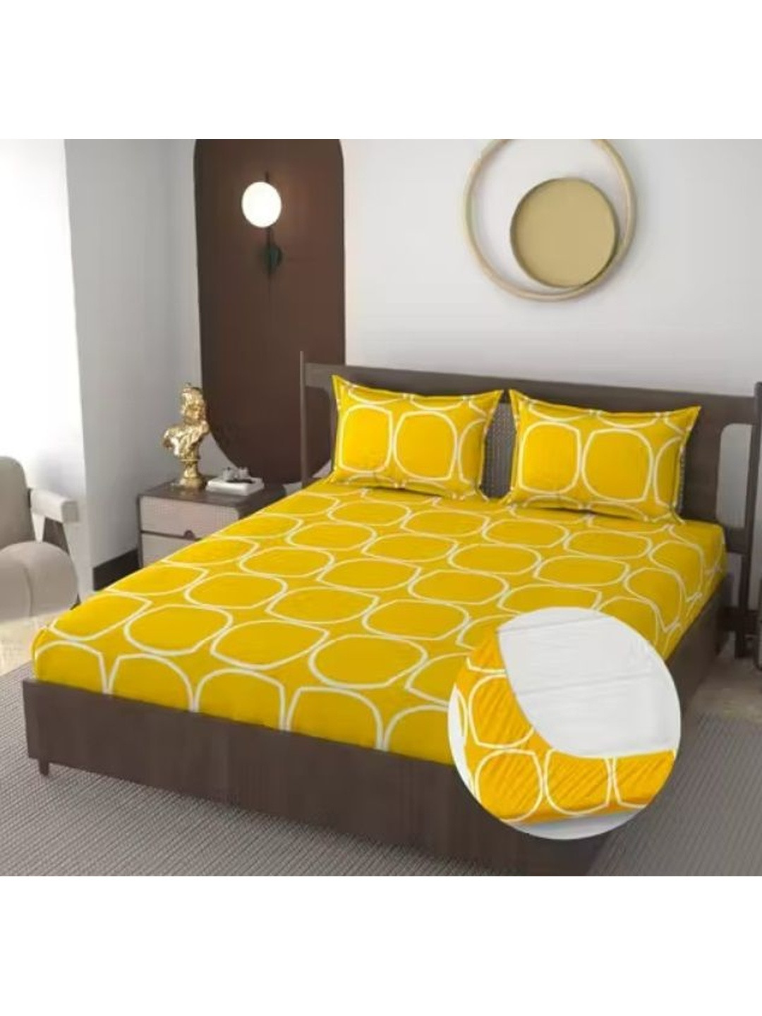 JASHAN Yellow Geometric 210 TC King Bedsheet with 2 Pillow Covers