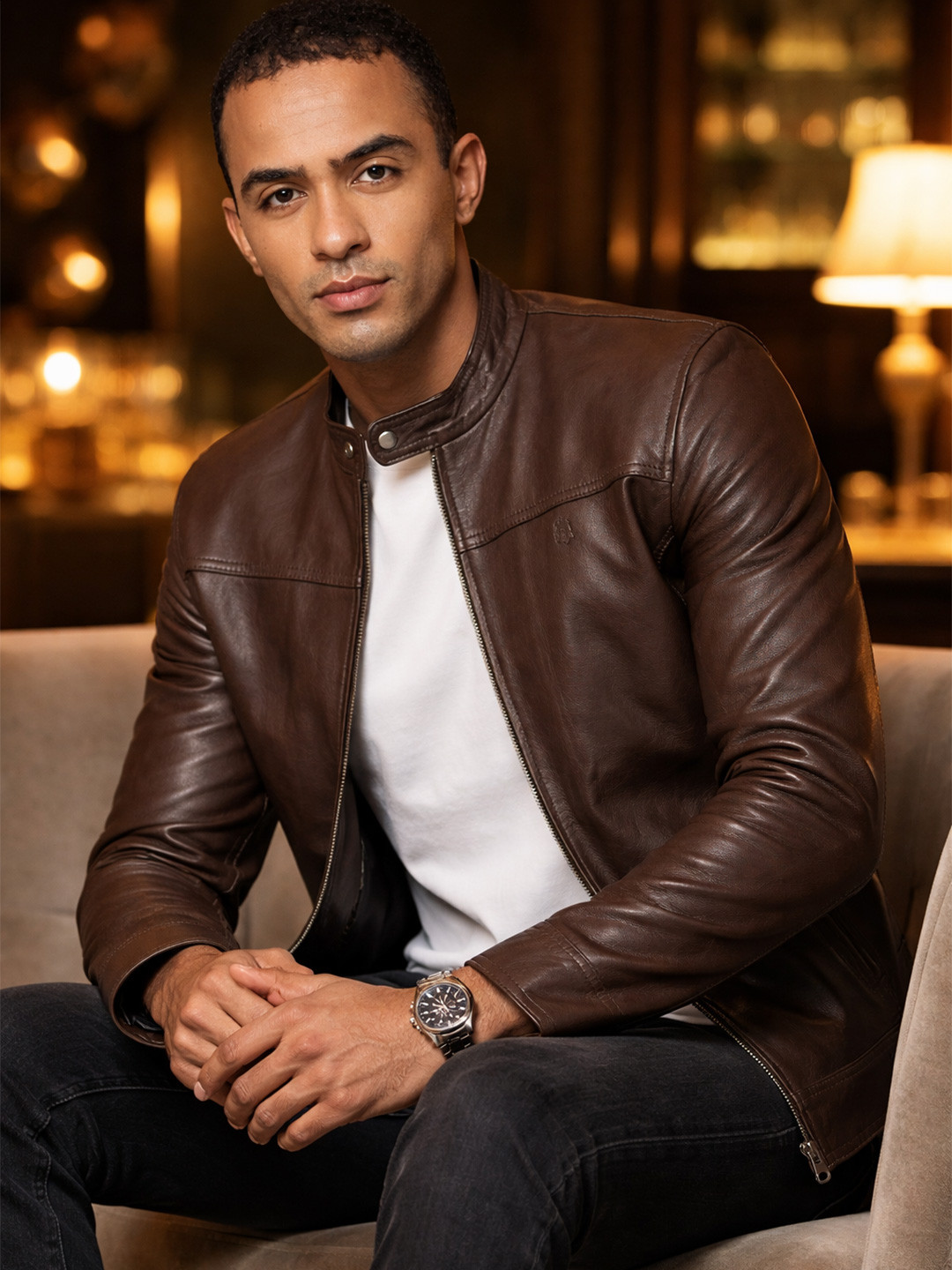 Tortoise Men Brown Mandarin Collar Solid Light Weight Genuine Leather Jacket