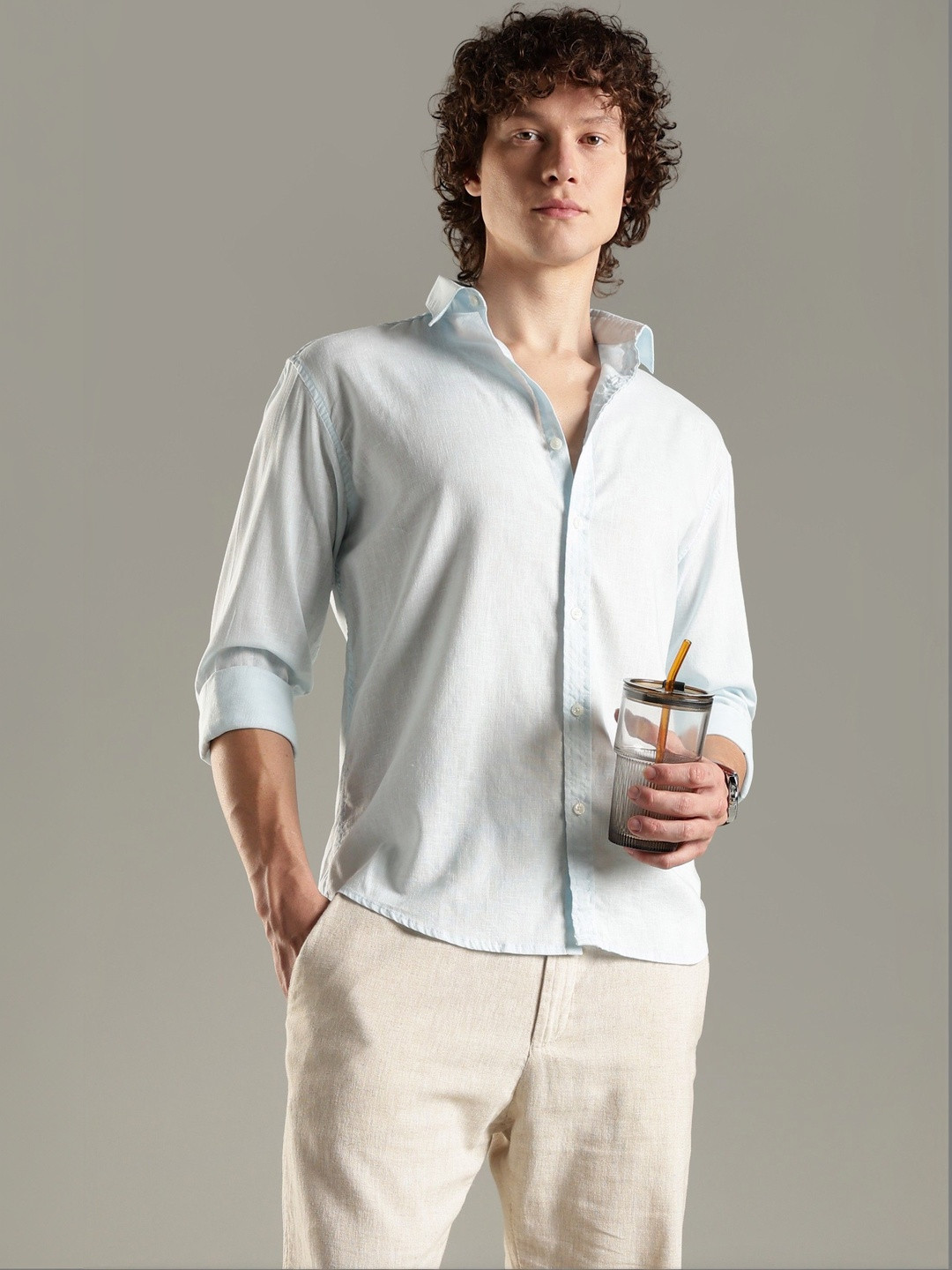 CreekLife Men's Blue Casual Cotton Linen Shirt
