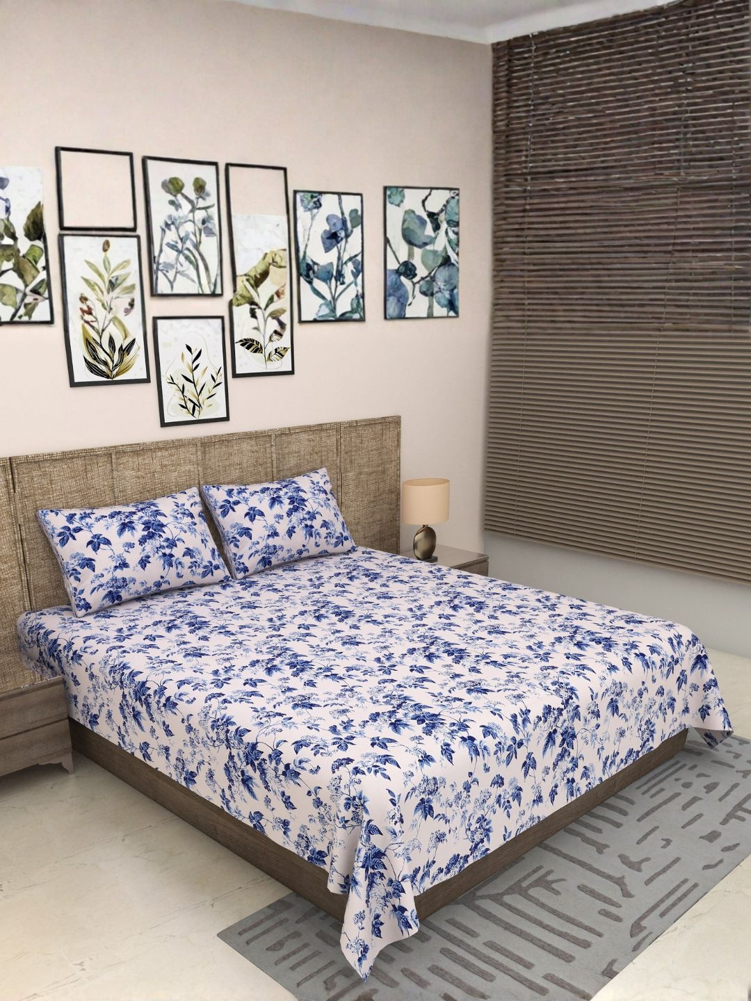 JAIPUR FABRIC Blue Floral 300 TC King Bedsheet with 2 Pillow Covers