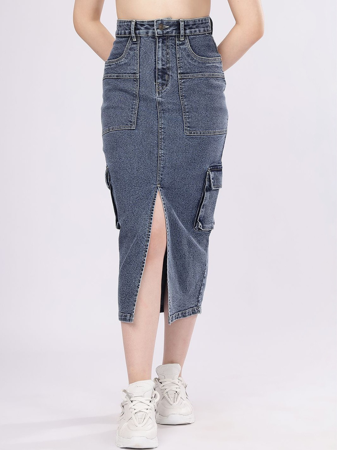 PUELLA Women Denim Blend Front Slit Maxi Straight Skirt