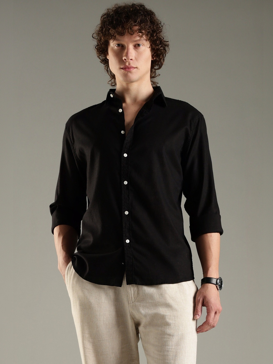 CreekLife Men's Black Casual Cotton Linen Shirt