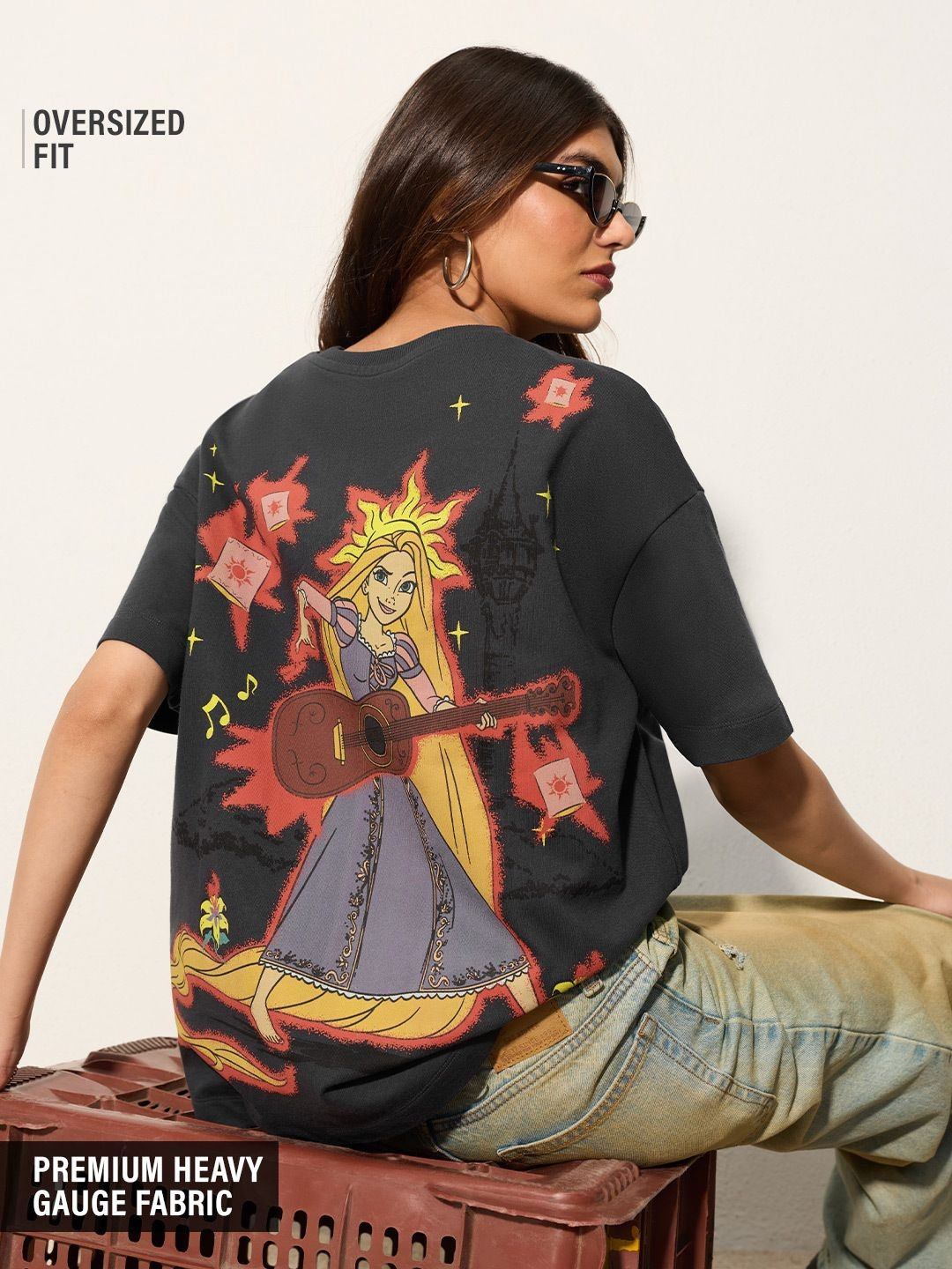 The Souled Store Womens Disney Princess Embroidered Black Oversized T-Shirts