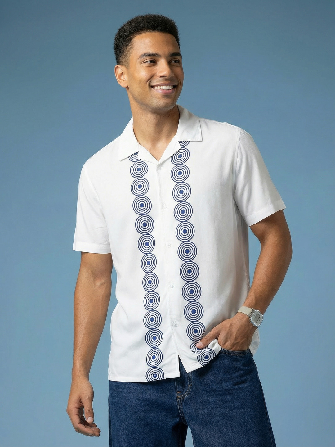 HERE&NOW Geo Cuban Opaque Geometric Printed Relaxed Fit Casual Shirt