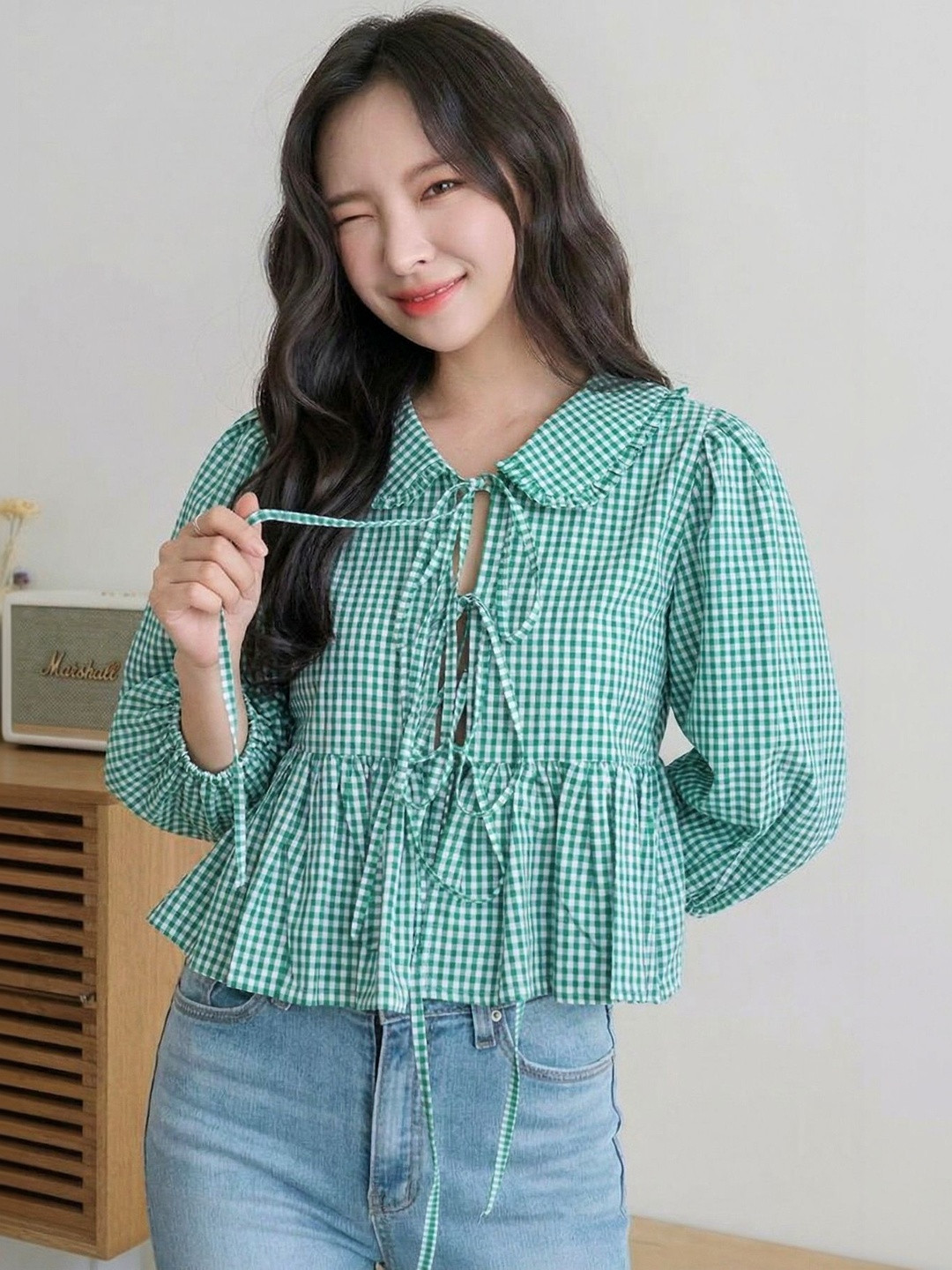 Quintessentials Women Peter Pan Collared Puff Sleeves Front Tie Top