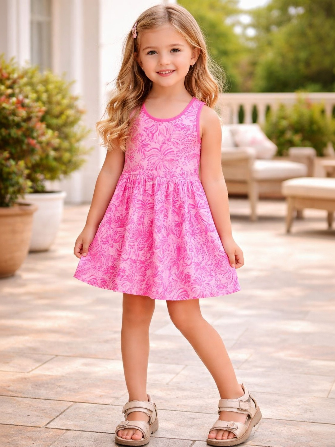 CrayonFlakes Floral Printed Pink Print Sleeveless Cotton Dress