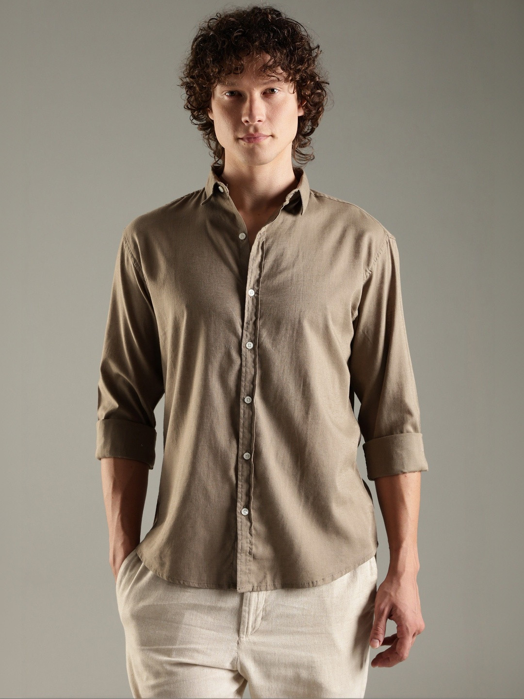 CreekLife Men's Khaki Casual Cotton Linen Shirt