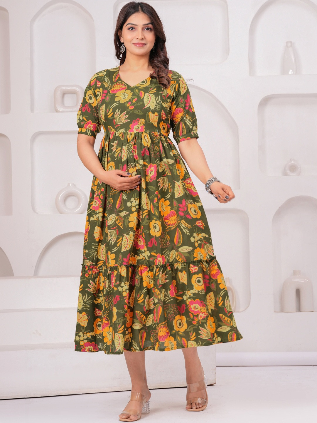 UrbanRang Floral Print Maternity Empire Midi Dress