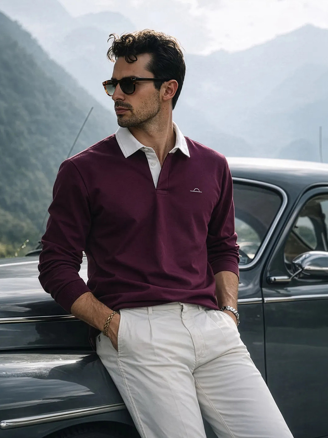 COVE AND LANE Men Solid Polo Collar Cotton T-shirt