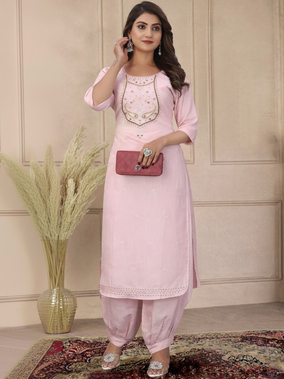 Ecolors Fab Women Floral Embroidered Panelled Thread Work Pure Cotton Kurta with Patiala