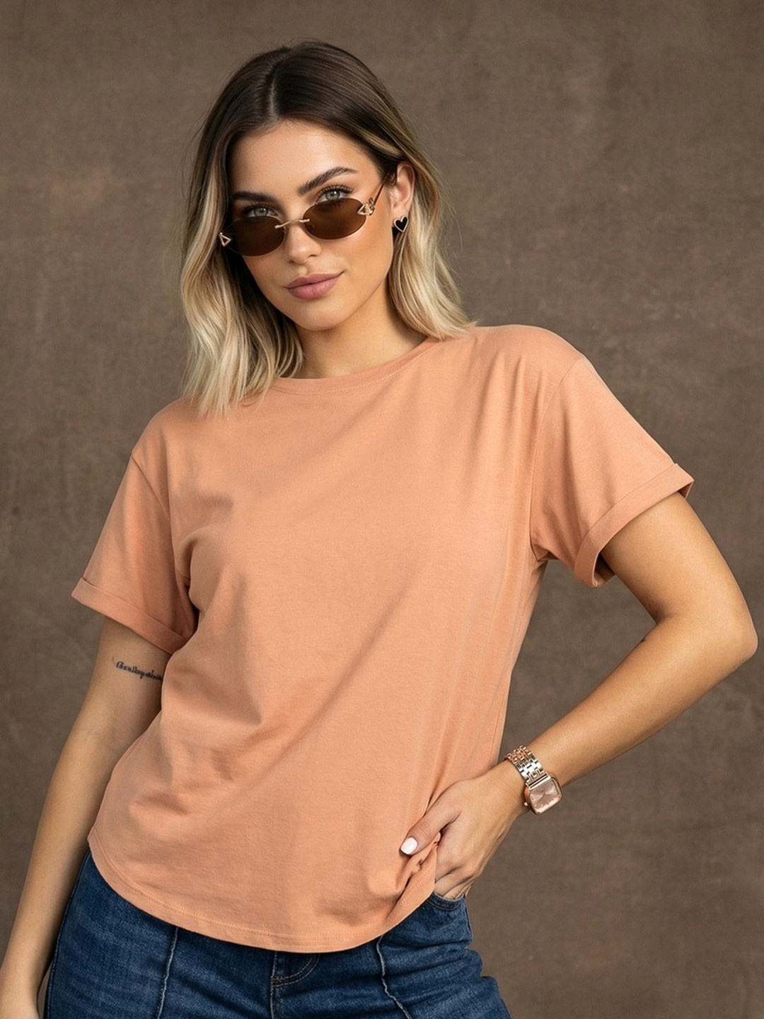 JUNEBERRY Women Brown Solid Round Neck Relaxed Fit Pure Cotton Oversized T-shirt