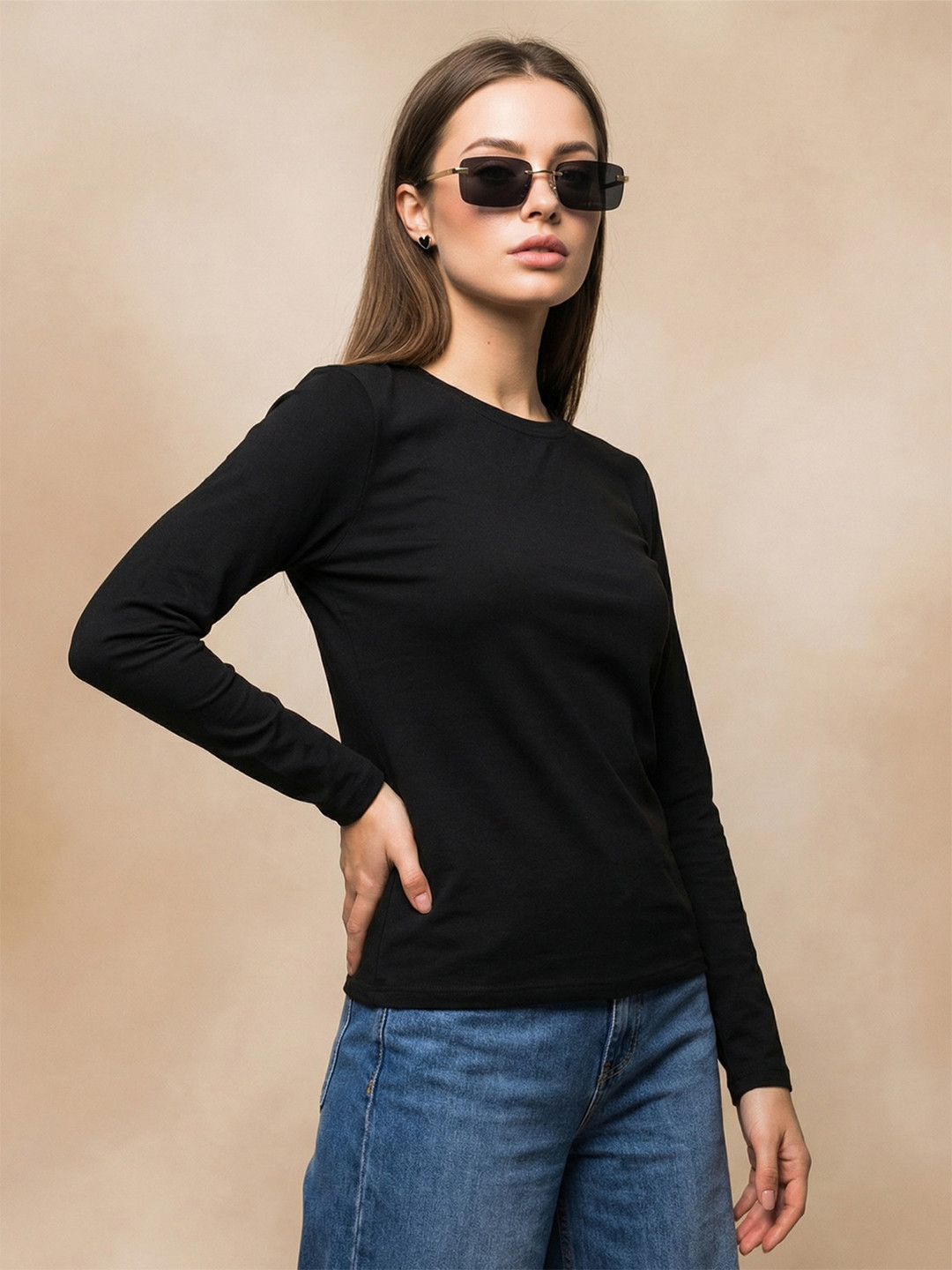JUNEBERRY Women Brown Solid Round Neck Regular Fit Pure Cotton Full Sleeve T-shirt