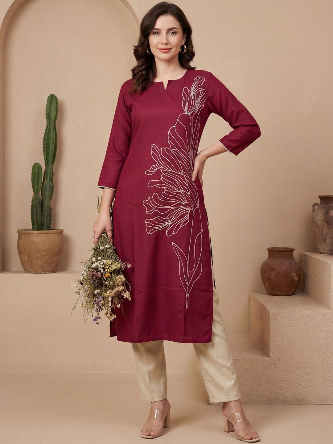Indo Era Women Geometric Embroidered Thread Work Kurta