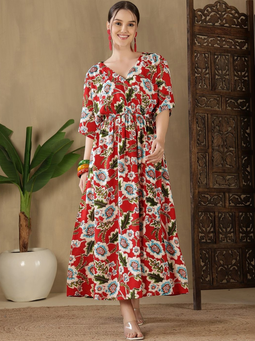 Kalphem Floral Print Fit & Flare Three-Quarter Dress