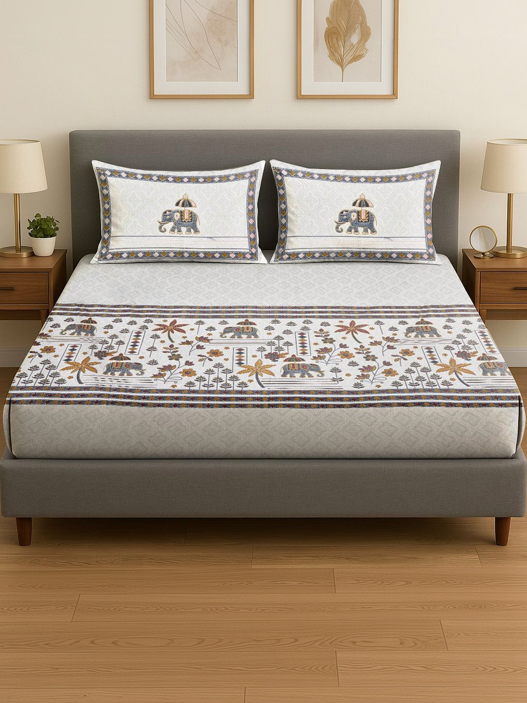 Spangle Ethnic Motifs Printed Green 280 TC Cotton King Bedsheet With 2 Pillow Covers