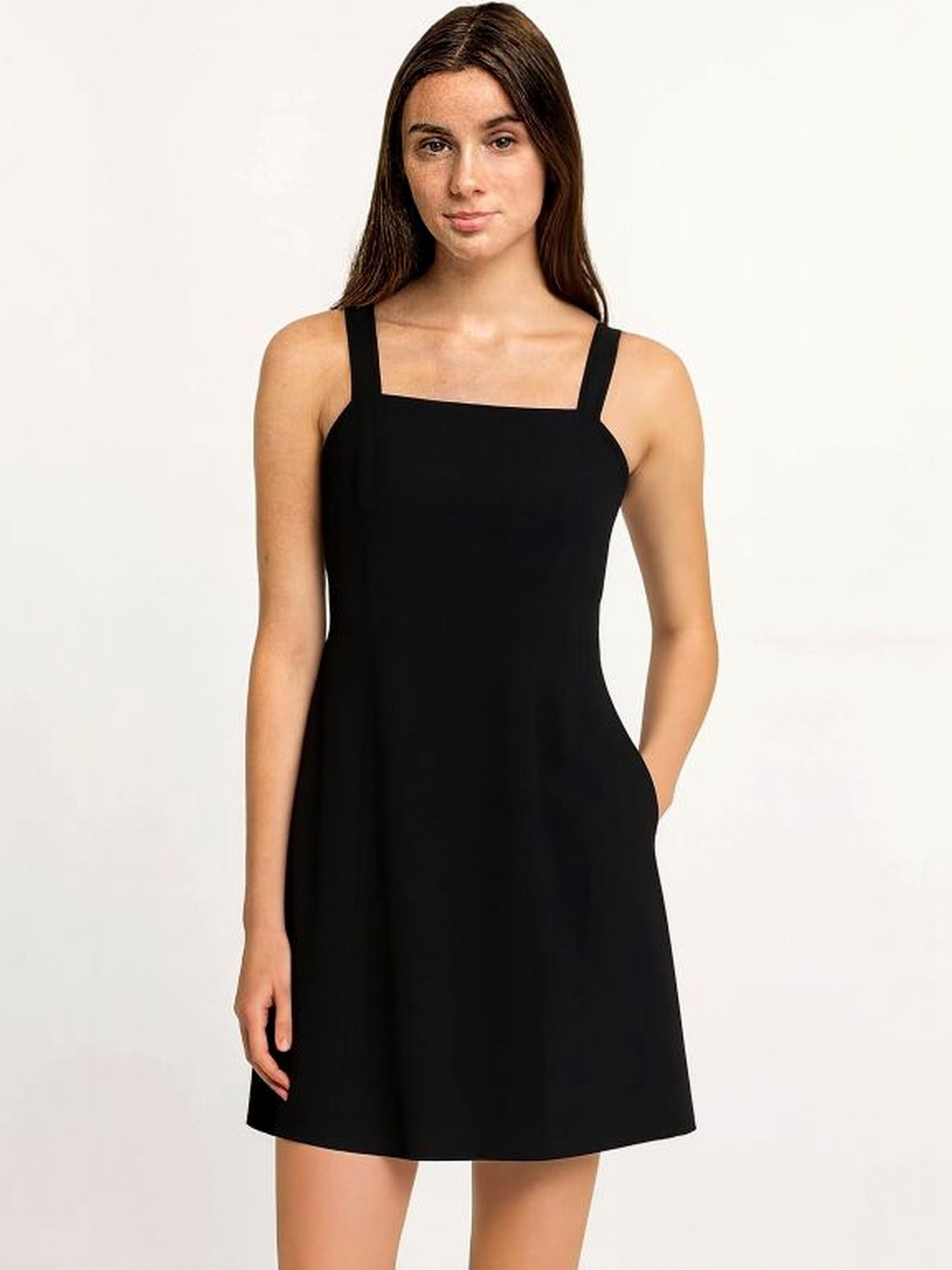 NoBarr Linen Shoulder Straps Solid A-Line Dress