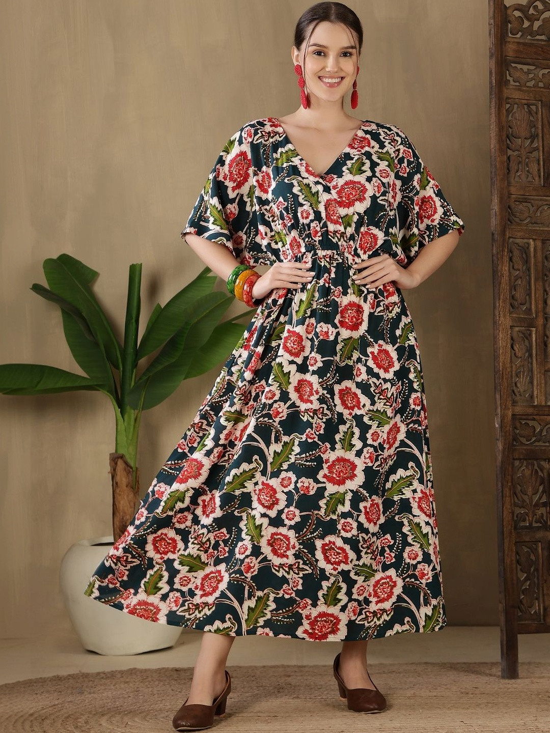 Kalphem Floral Print Fit & Flare Three-Quarter Dress