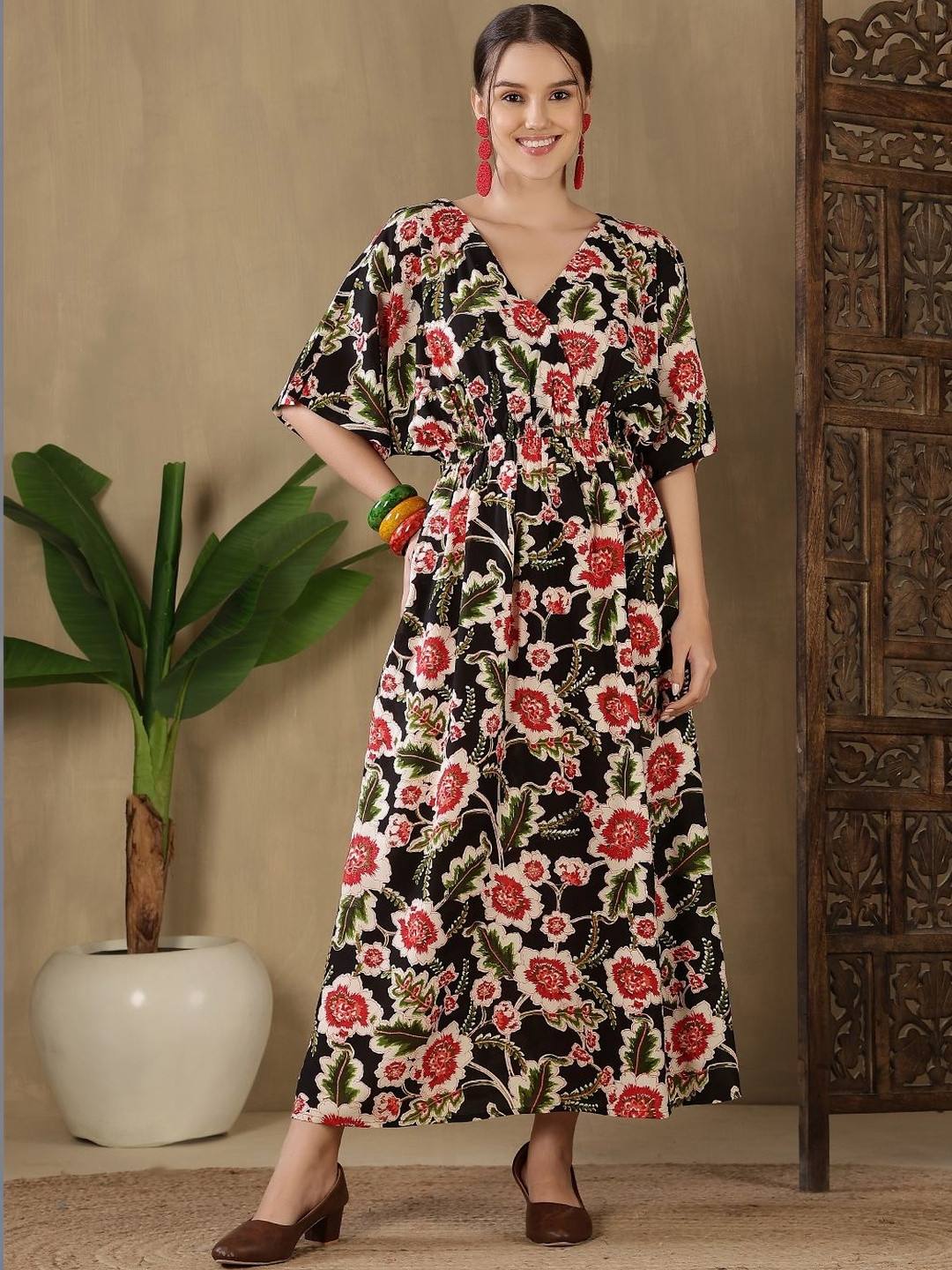 Kalphem Floral Print Fit & Flare Three-Quarter Dress