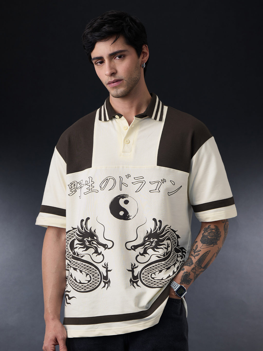 The Souled Store Men Oversized Fit Printed Cream Polos