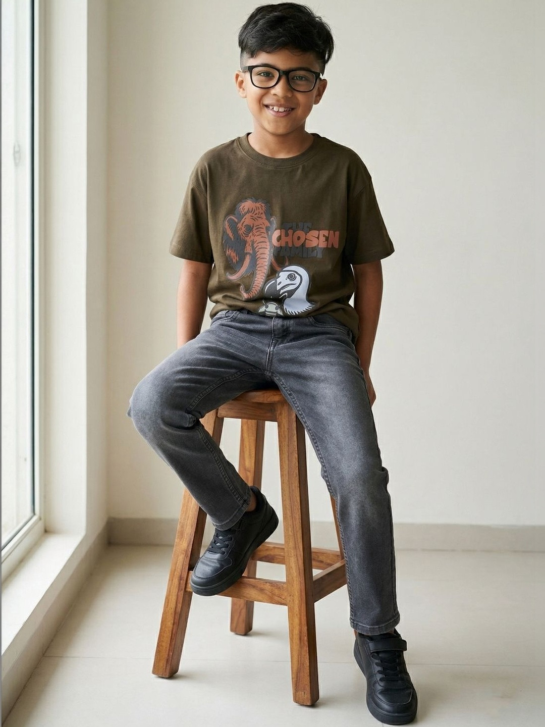 TALES & STORIES Boys Olive Printed T-shirt with Black Slim Fit Jeans Set