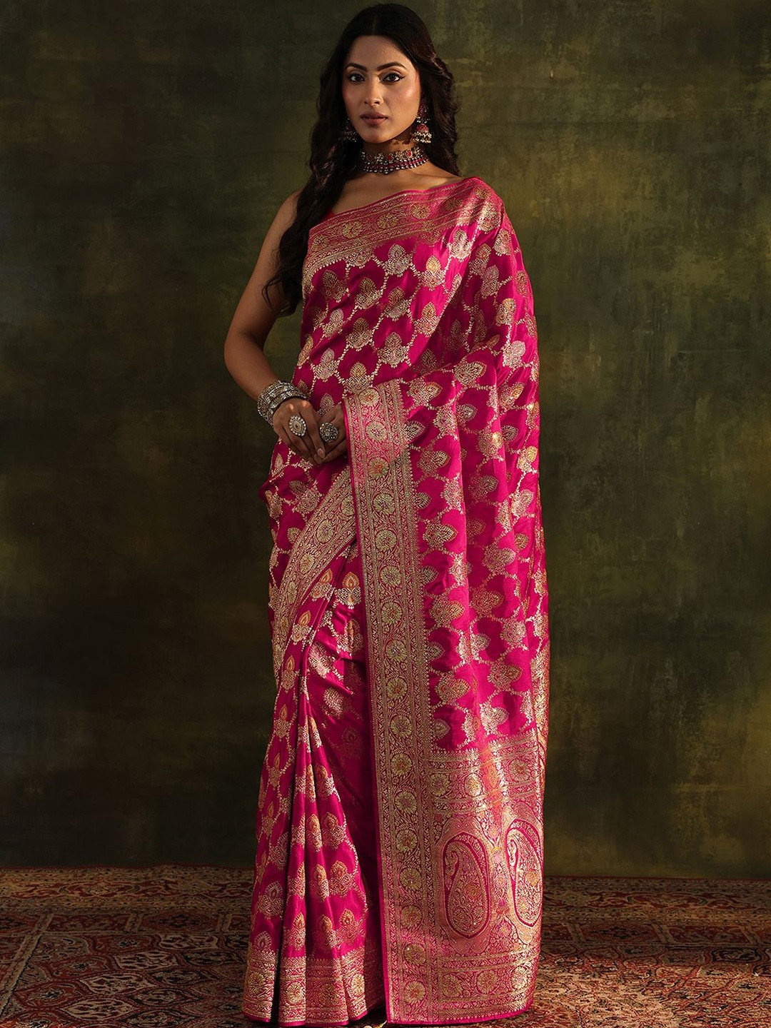 Libas Pink Banarasi Saree with Unstitched Blouse Piece