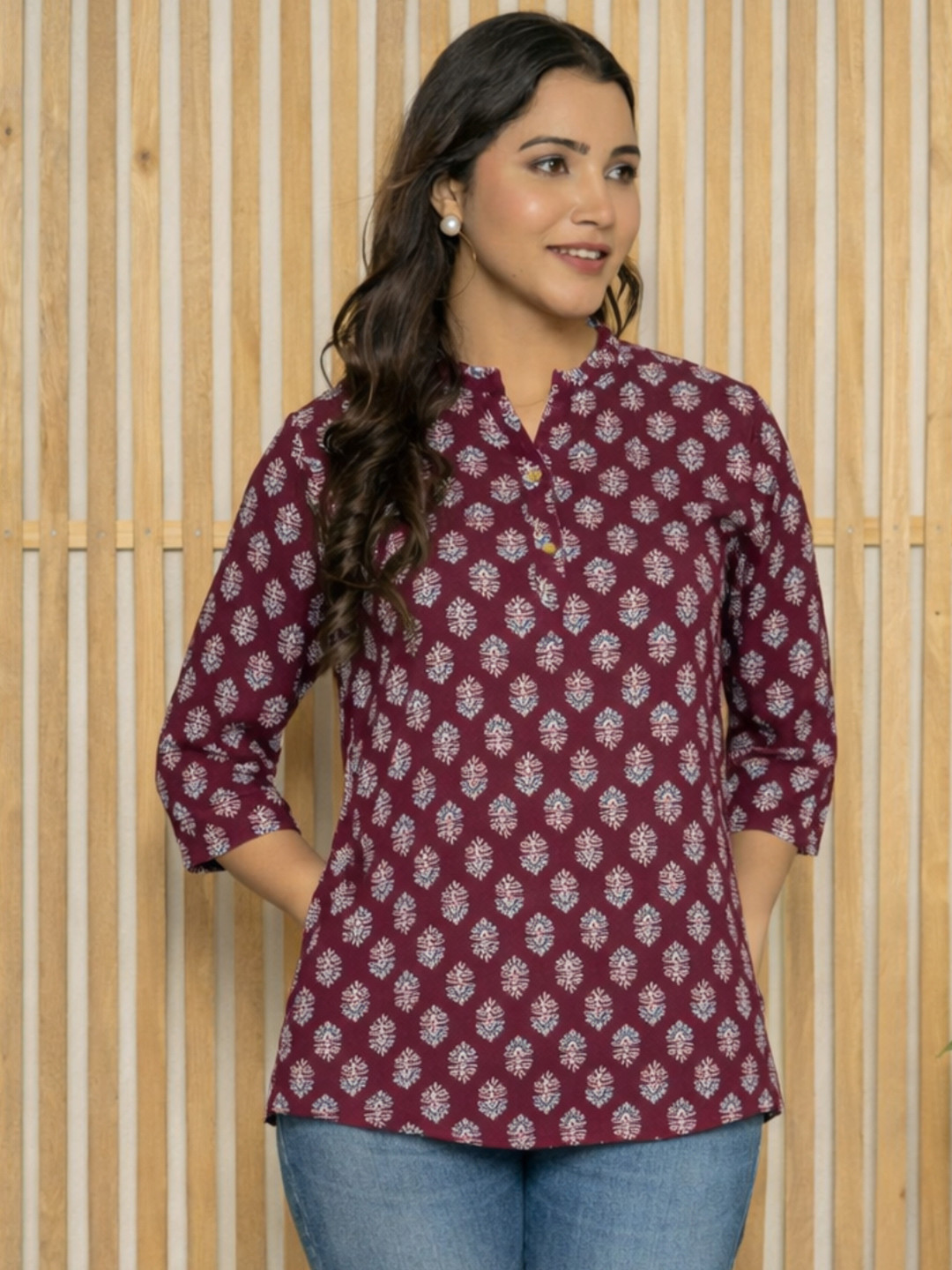 Komfortive Print Mandarin Collar Ethnic Cotton Top