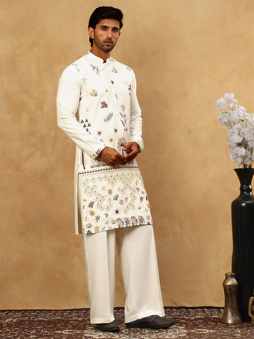 Jompers Floral Embroidered Regular Chikankari Kurta With Korean Pants