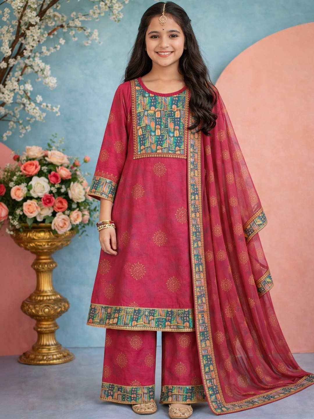 KALINI Girls Cotton Ethnic Motifs Round Neck Kurta