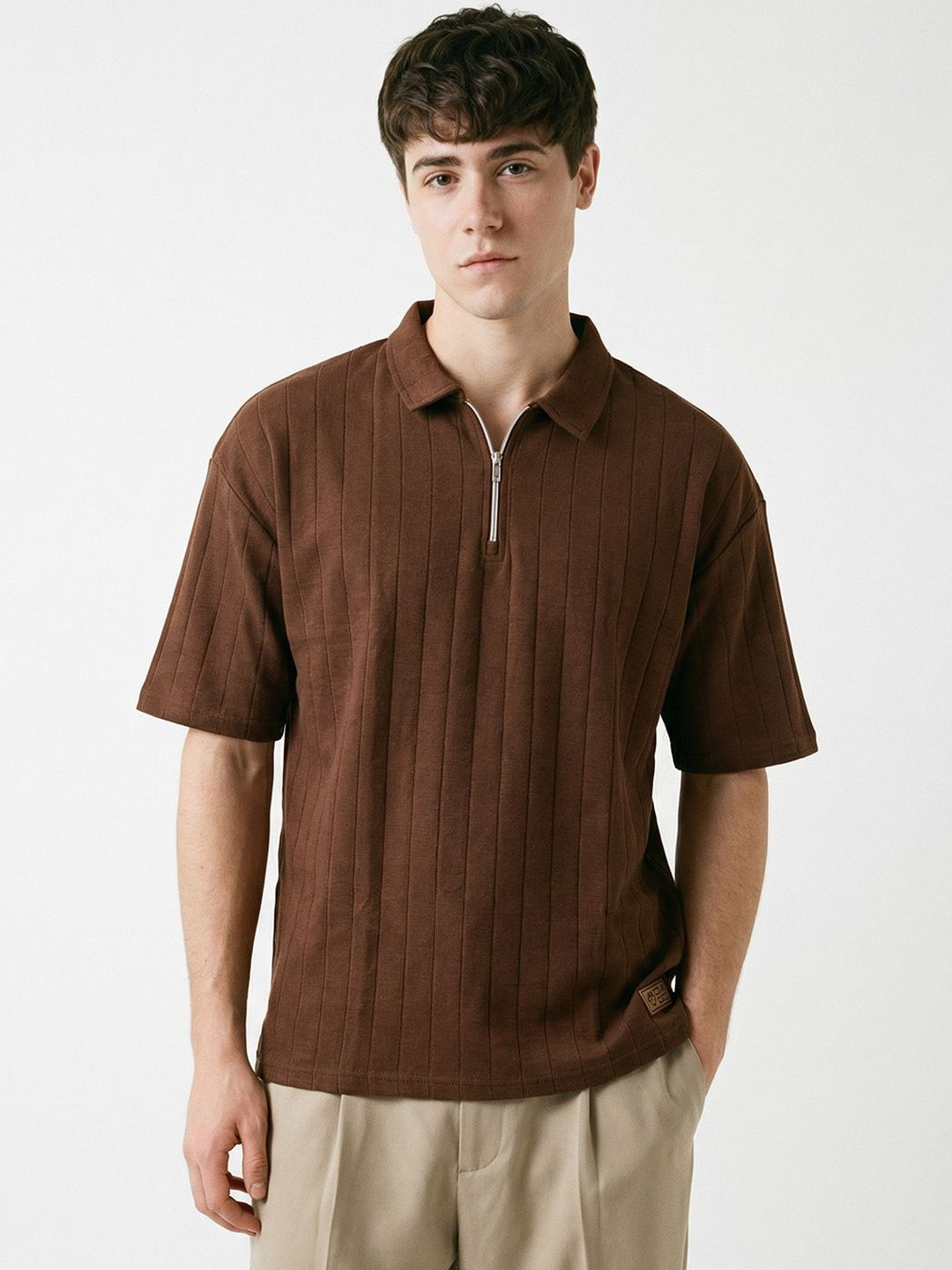 Crazymonk Men Brown Frame Polo Collar Oversized Fit T-shirt