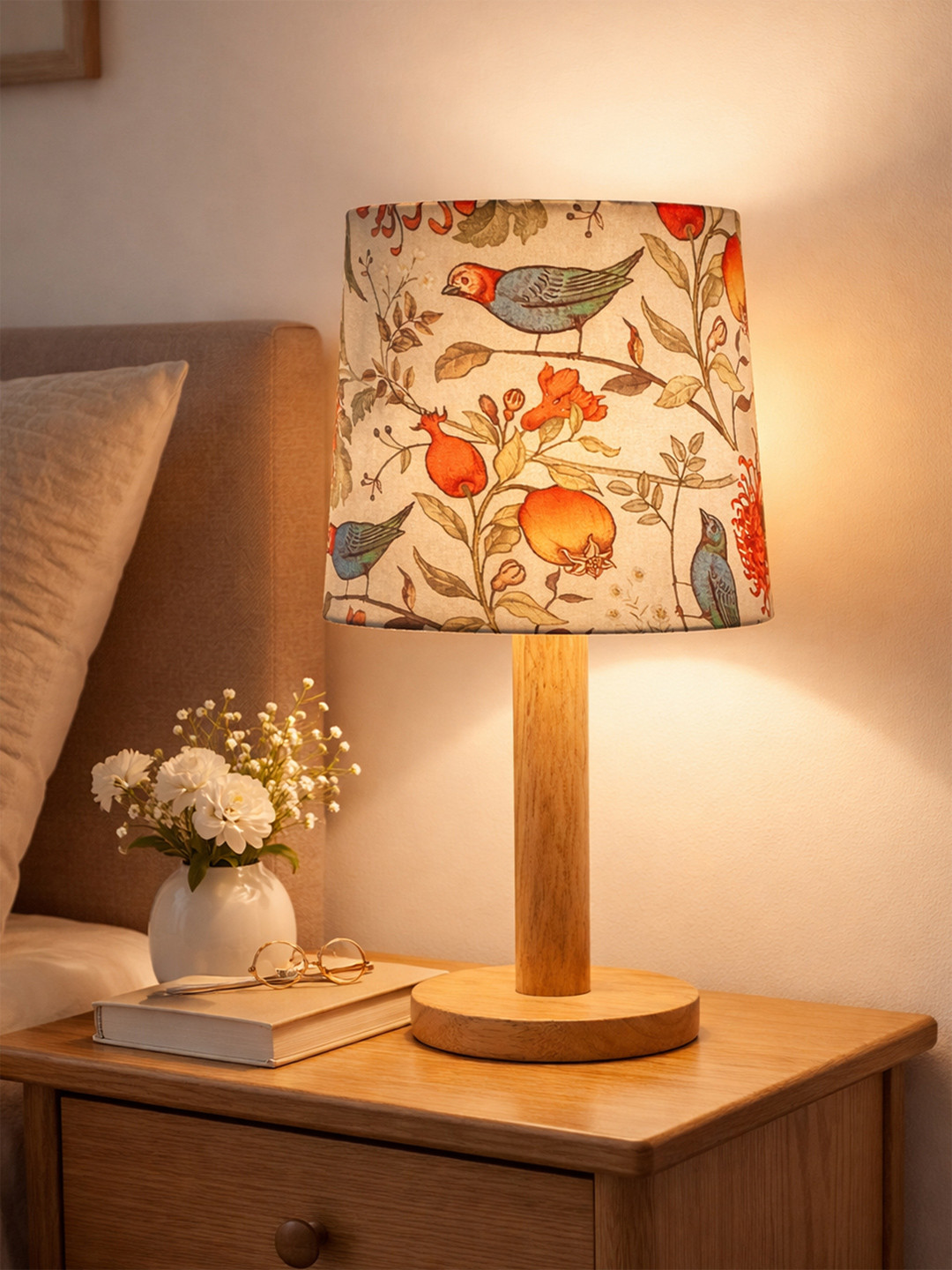Decorcity Warm Yellow Wood Cylinder Printed High Quality Electrical Table Lamps