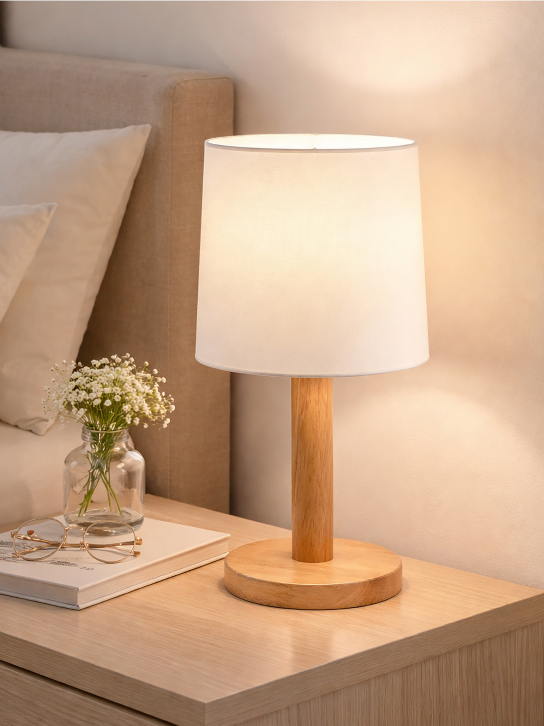 Decorcity Warm Yellow Wood Cylinder Solid High Quality Electrical Table Lamps