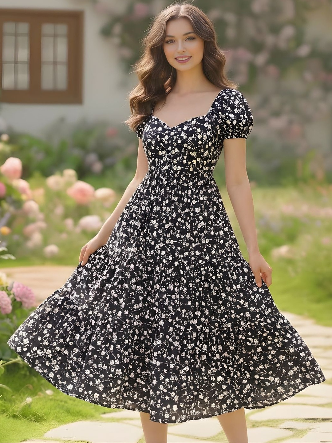 Sera Floral Print Fit & Flare Midi Dress