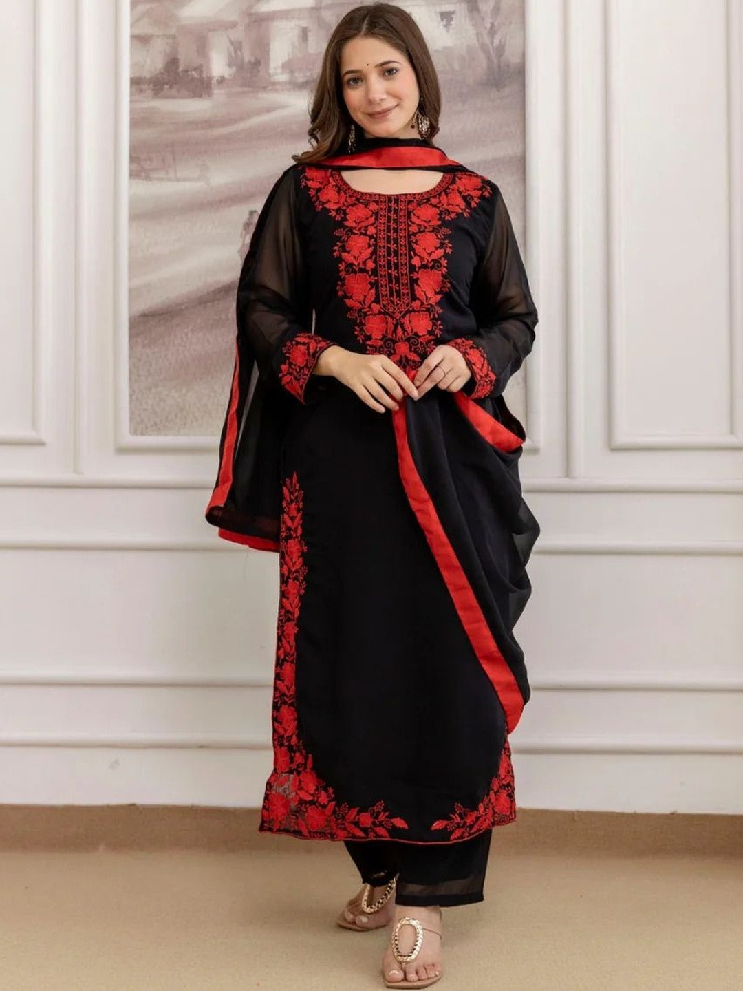 Maeswag Women Embroidered Regular Chikankari Silk Georgette Kurta with Trousers & With Dupatta