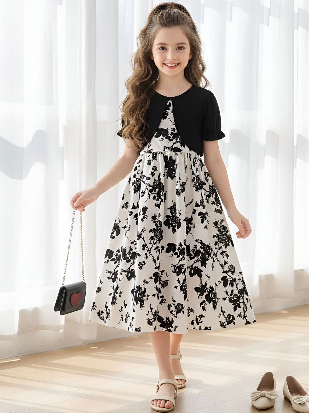 Dripteen Girls Floral Printed Fit & Flare Dress