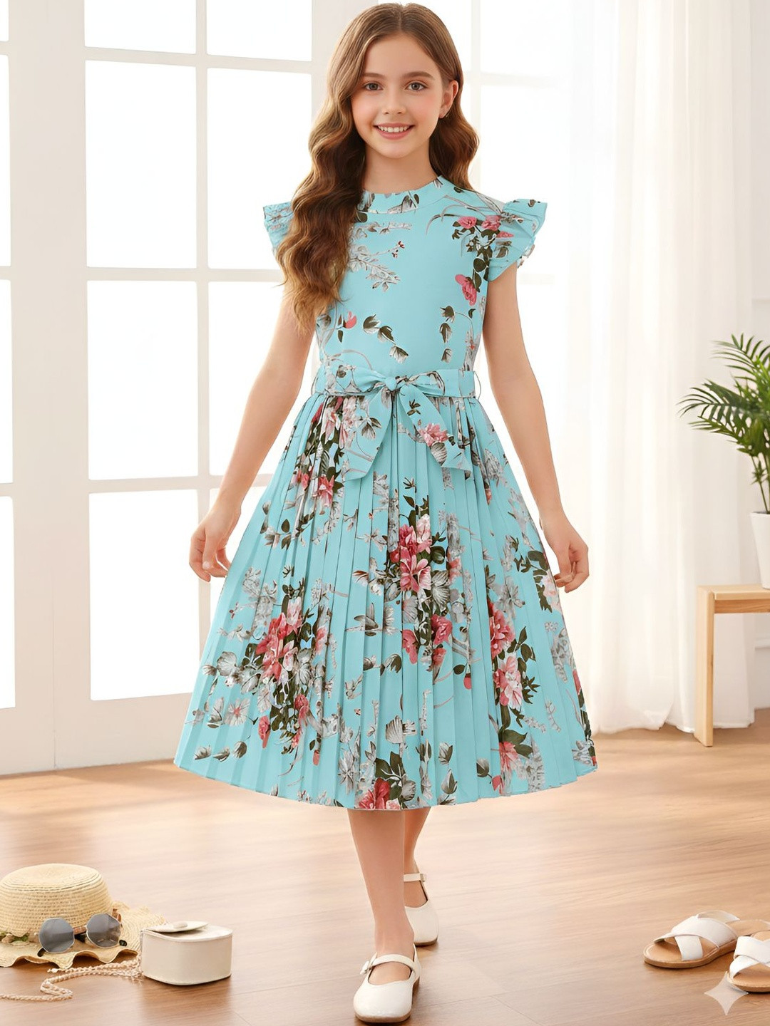 Dripteen Girls Floral Print Flutter Sleeve Fit & Flare Midi Dress
