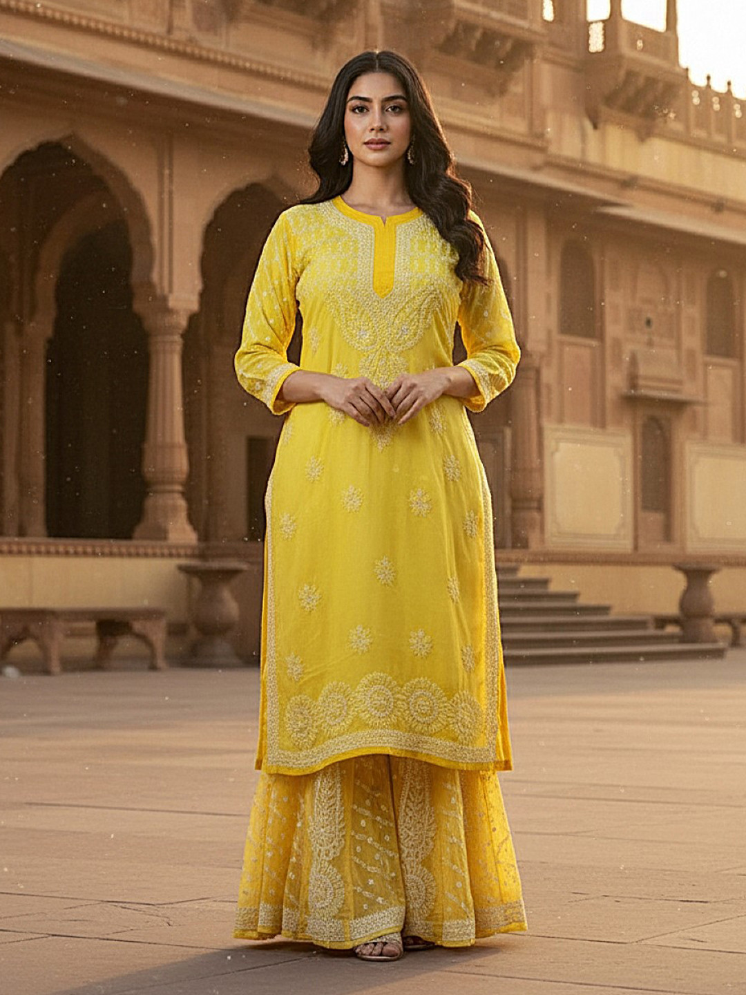 KHAKA Women Ethnic Motifs Embroidered Regular Chikankari Kurta Set