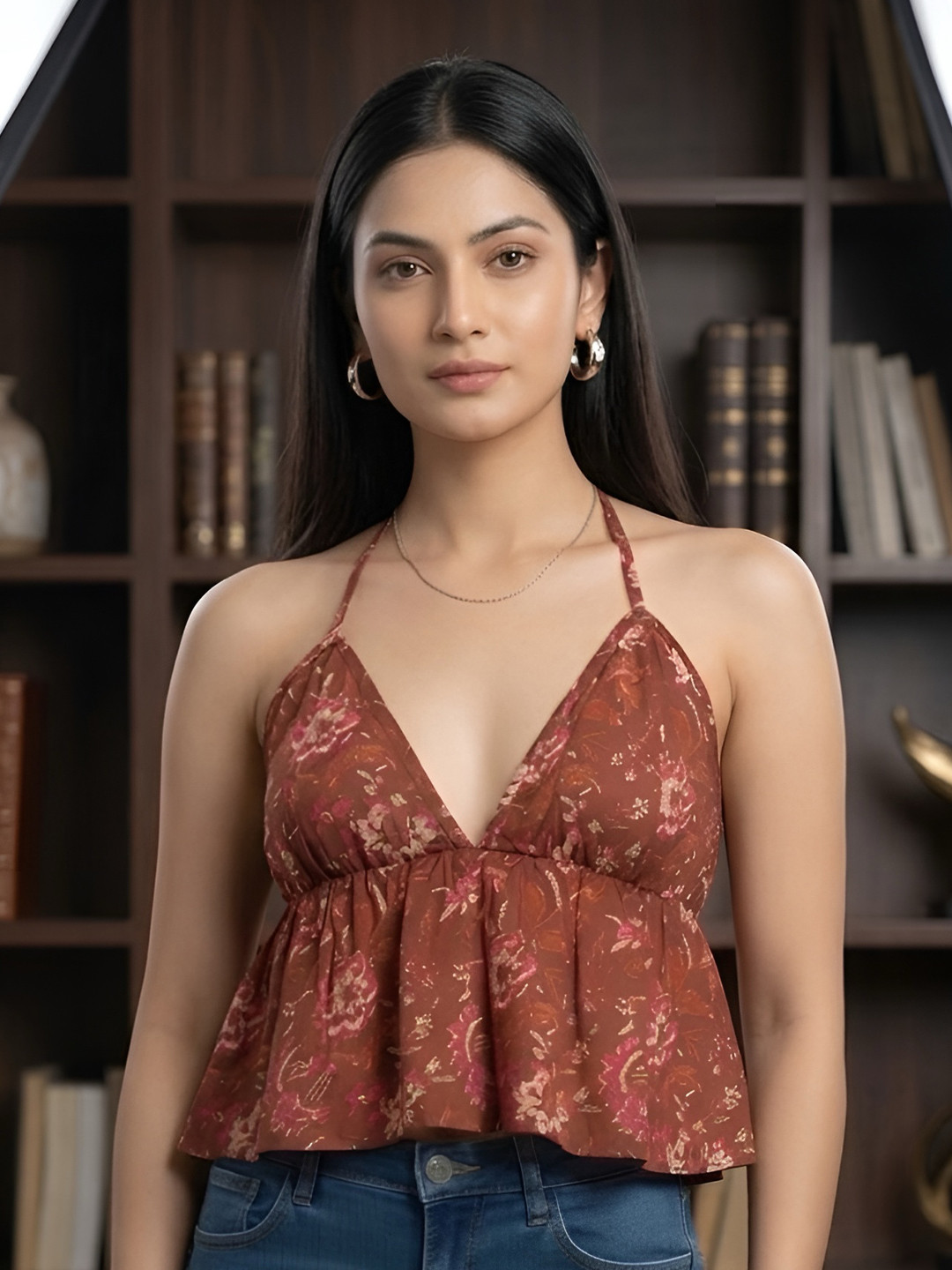 Floral Print Halter Neck Cotton Top