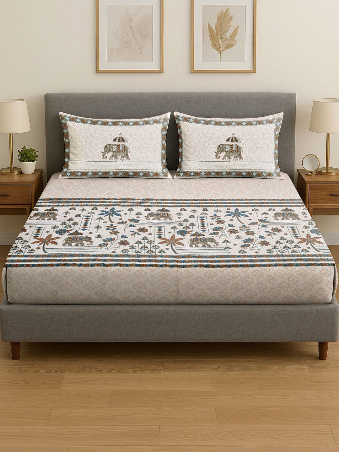 Spangle Ethnic Motifs Printed Green 280 TC Cotton King Bedsheet With 2 Pillow Covers