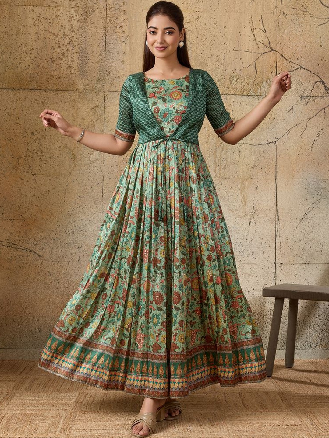 KALANANDI Floral Printed Gown With Attached Jacket