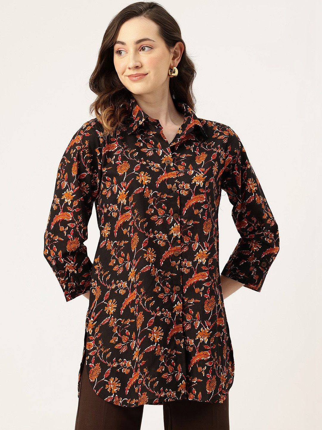 FERANOID Floral Printed Shirt Collar Pure Cotton Blend Kurti
