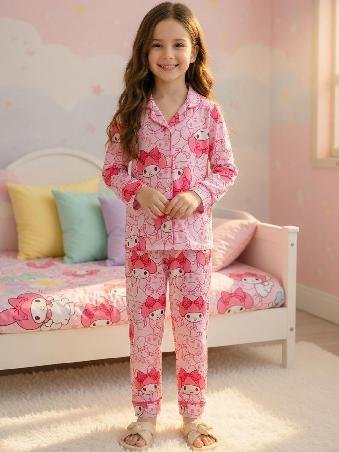 4JSTAR Girls Printed Lapel Collar Cotton Night suit