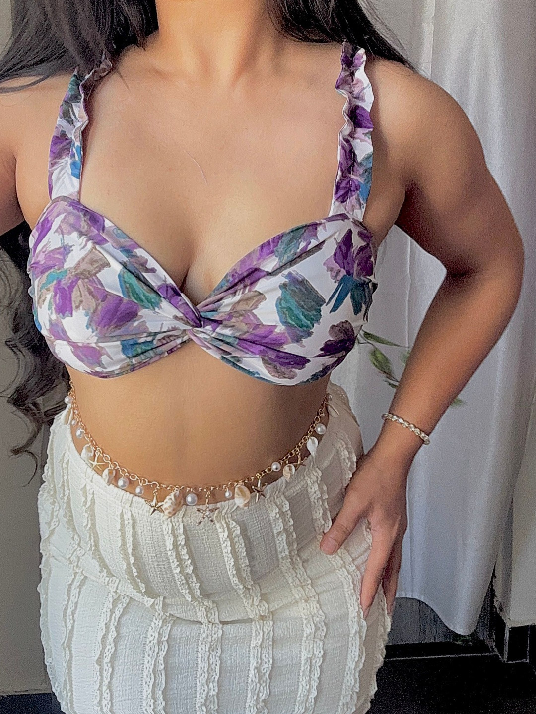 CUTOFY Floral Sweetheart Neck Crepe Bralette Top