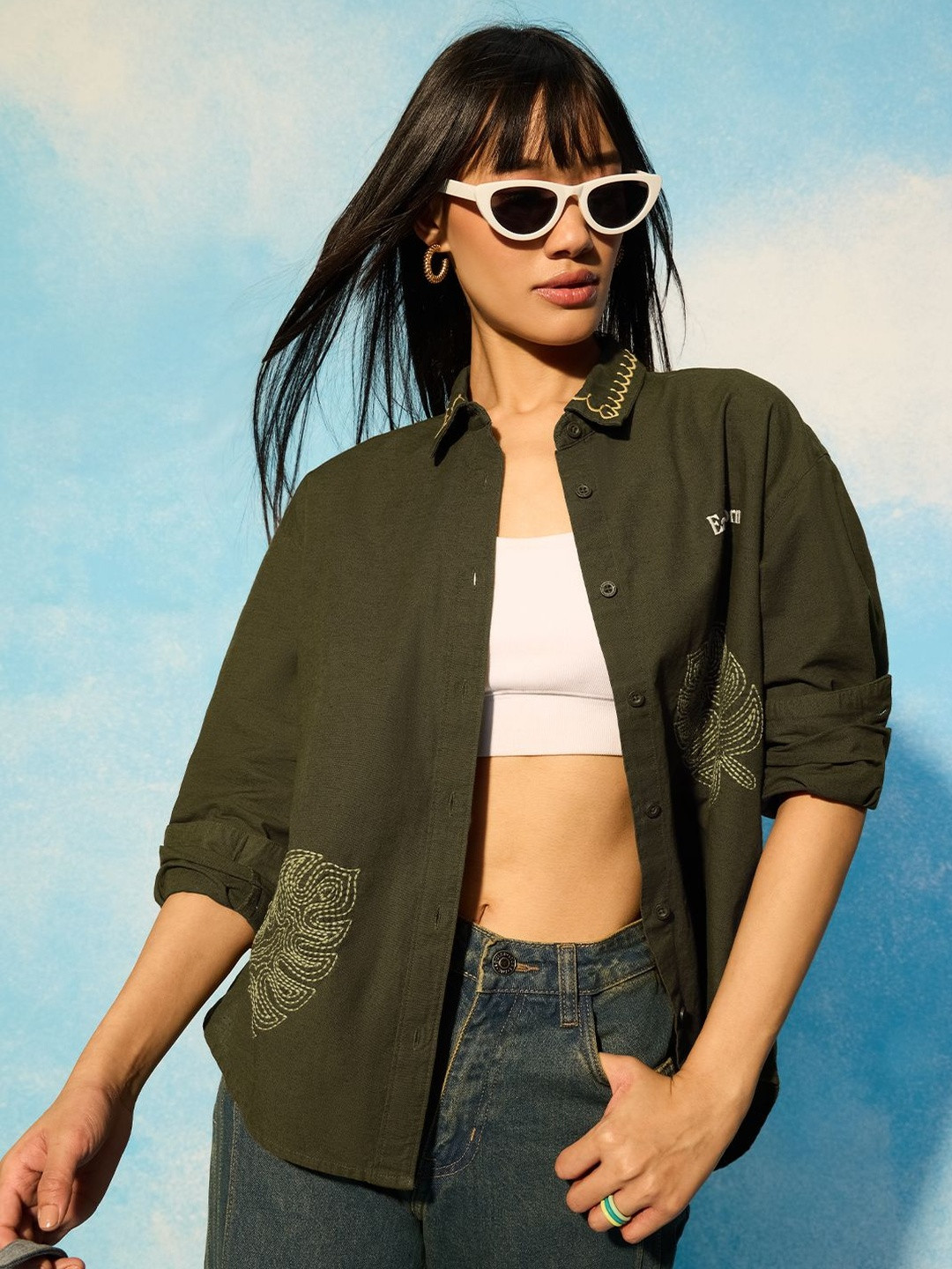 The Souled Store Womens Embroidered Green Boyfriend Shirts
