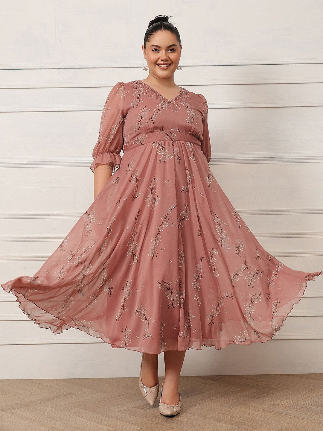 Antheaa Curve Floral Print Puff Sleeve Embellished Chiffon A-Line Midi Dress