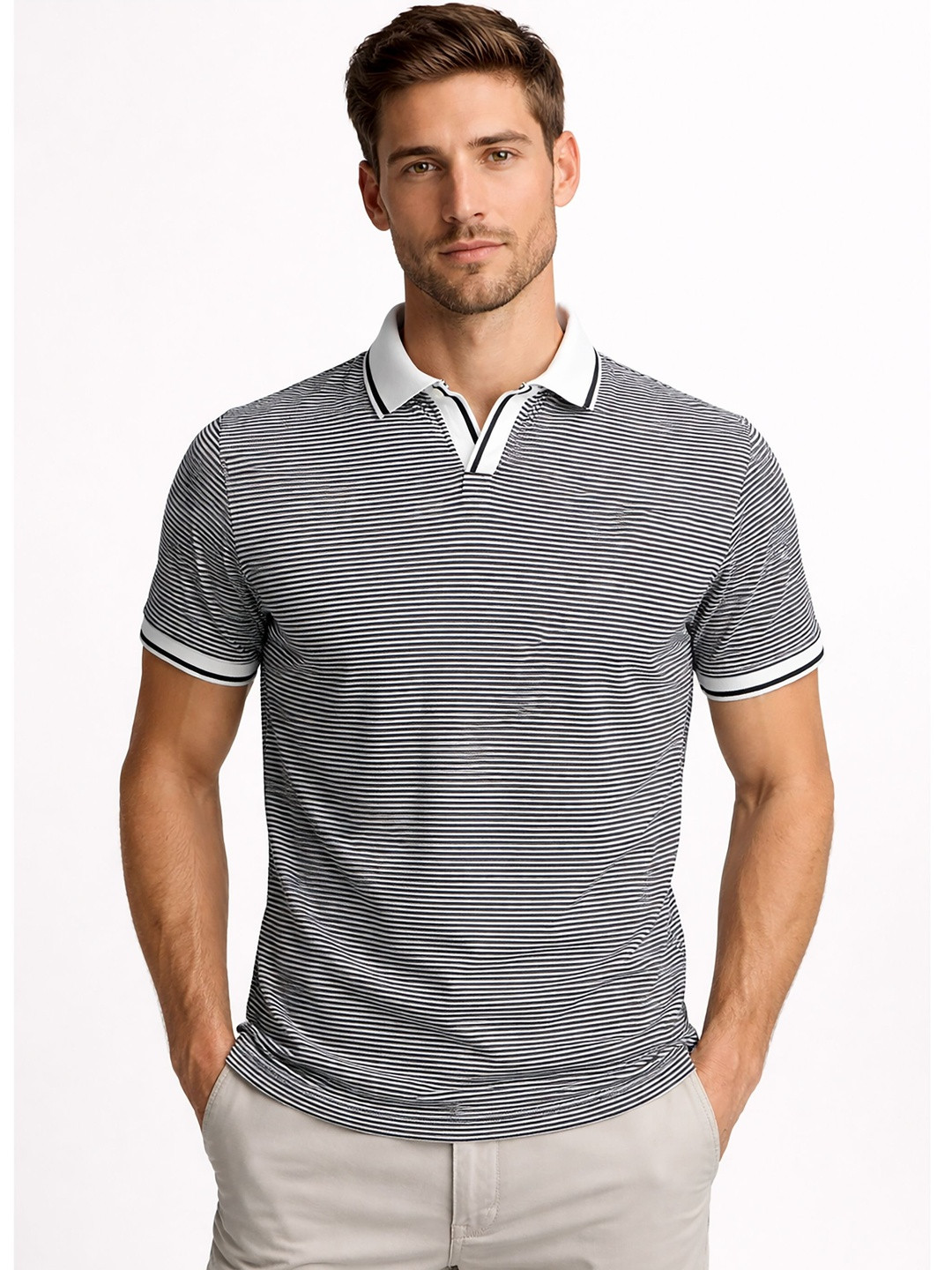 ATIGIANO Men Striped Polo Collar T-shirt