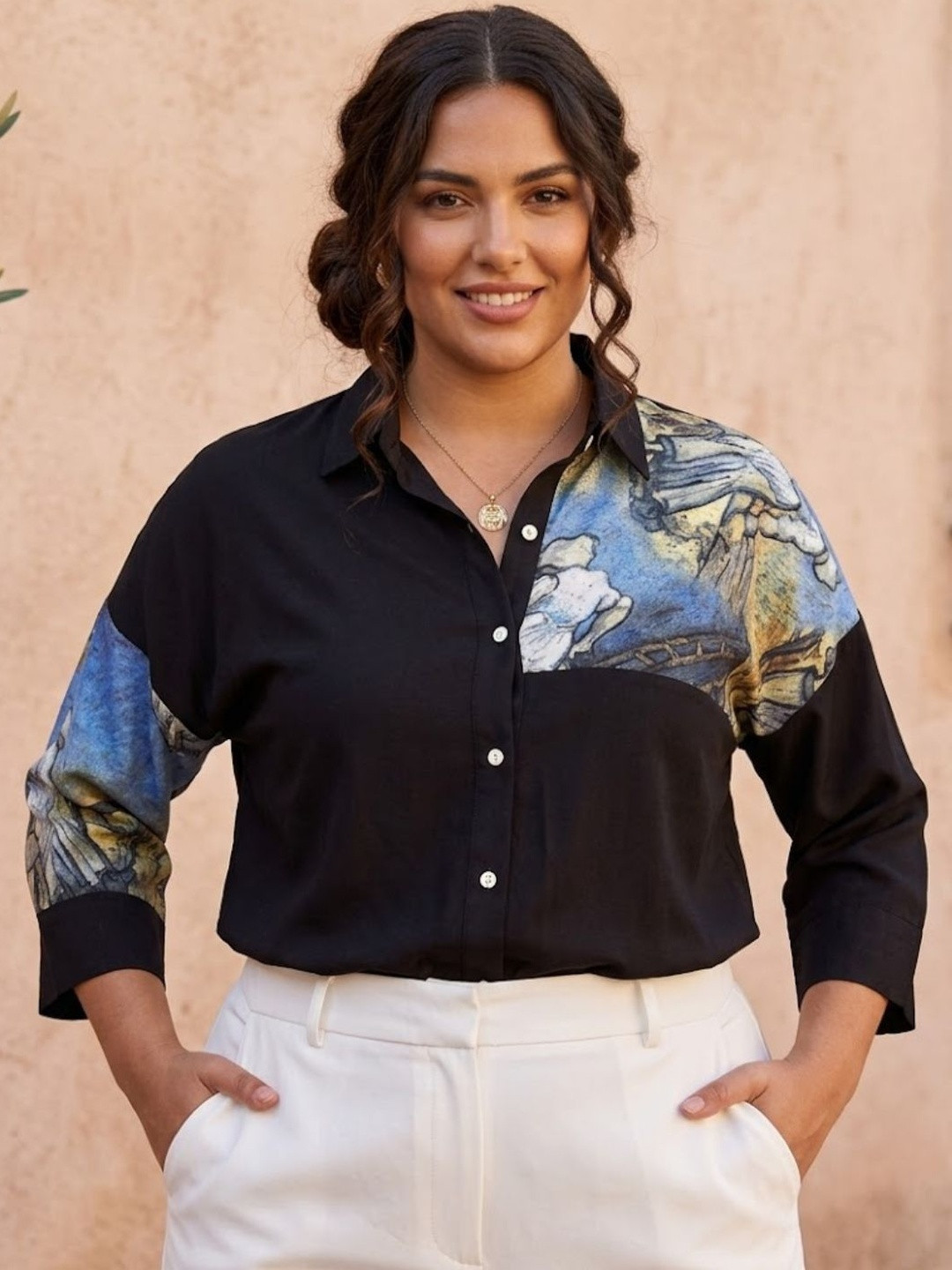 Athena Ample Colourblocked Applique Cotton Shirt Style Top