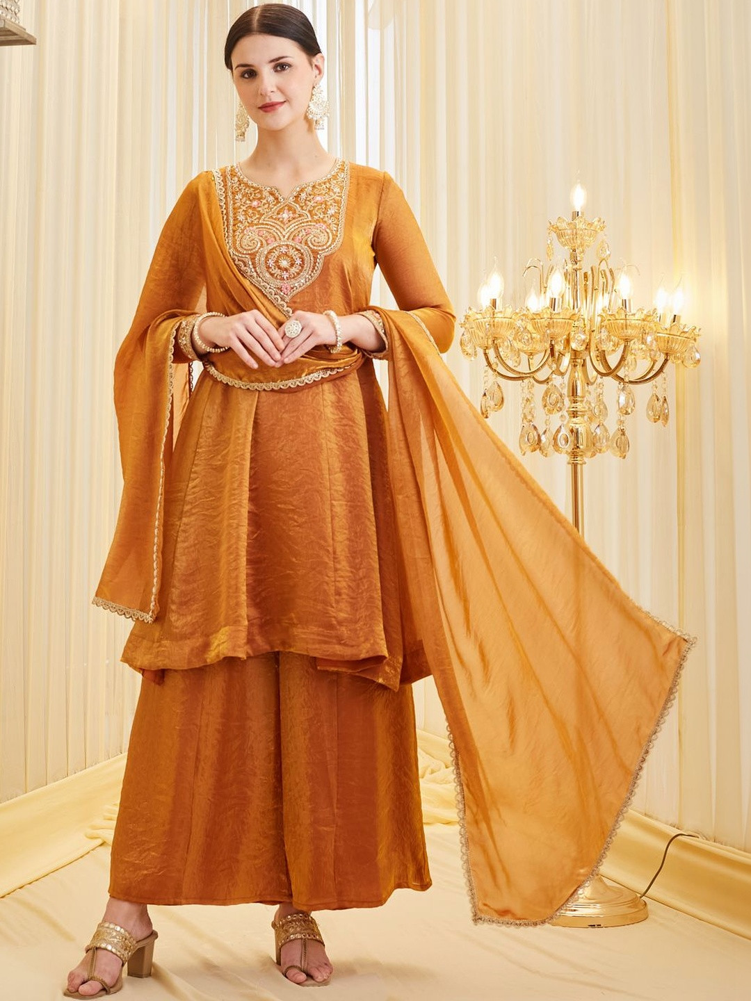 MOKOSH Women Silk Embroidered Anarkali Kurta and Sharara with Dupatta Set